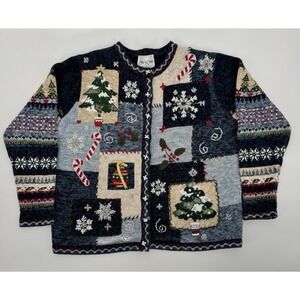 Vintage Ugly Knit Christmas Cardigan Women's Medium Sweater Blue Patchwork